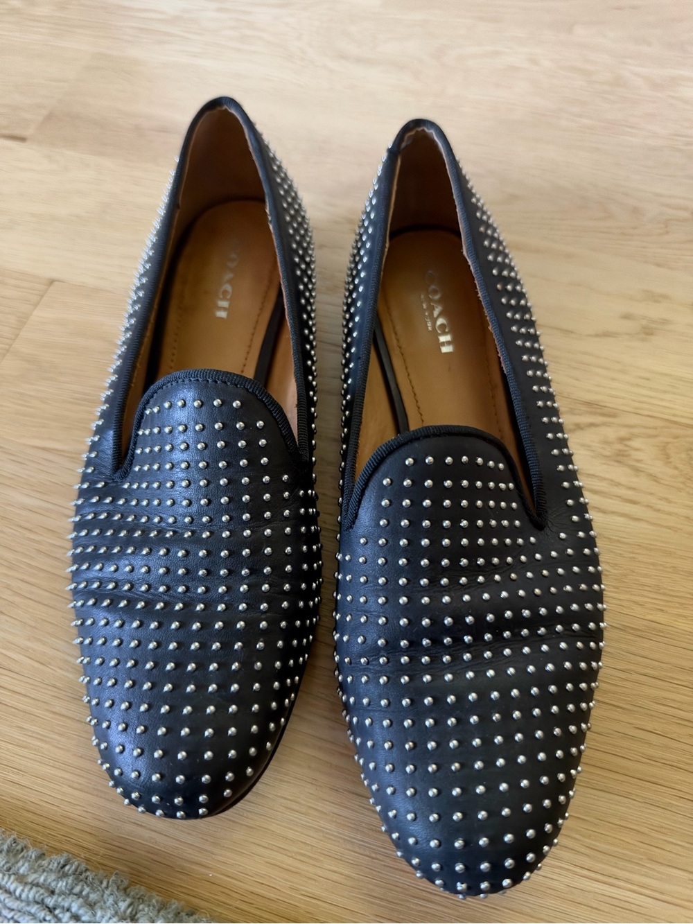 Coach Black Leather Studded Slip-On Loafers
